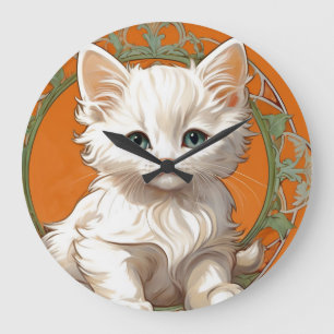 Alphonse Mucha Art Nouveau White Kitten Large Clock