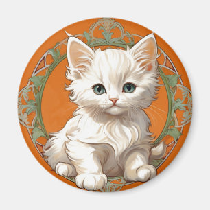 Alphonse Mucha Art Nouveau White Kitten Magnet