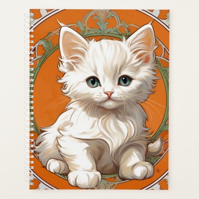 Alphonse Mucha Art Nouveau White Kitten Planner (Front)
