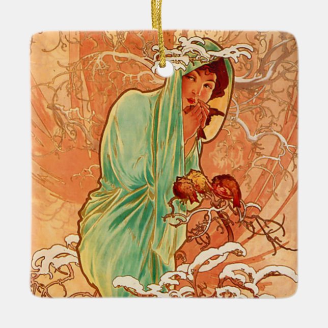 Alphonse Mucha Art Nouveau Winter Ceramic Ornament (Front)