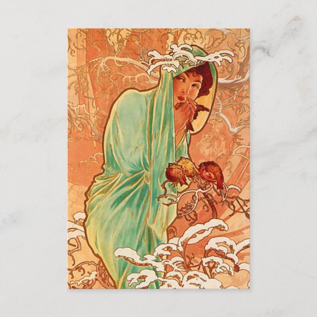 Alphonse Mucha Art Nouveau Winter Enclosure Card (Front)