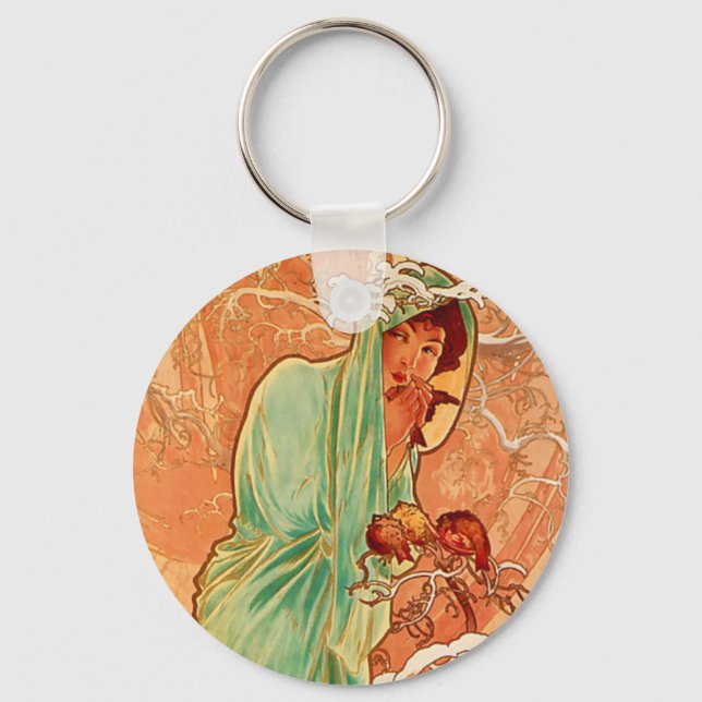 Alphonse Mucha Art Nouveau Winter Key Ring (Front)