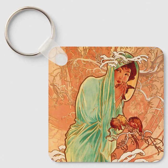 Alphonse Mucha Art Nouveau Winter Key Ring (Front)