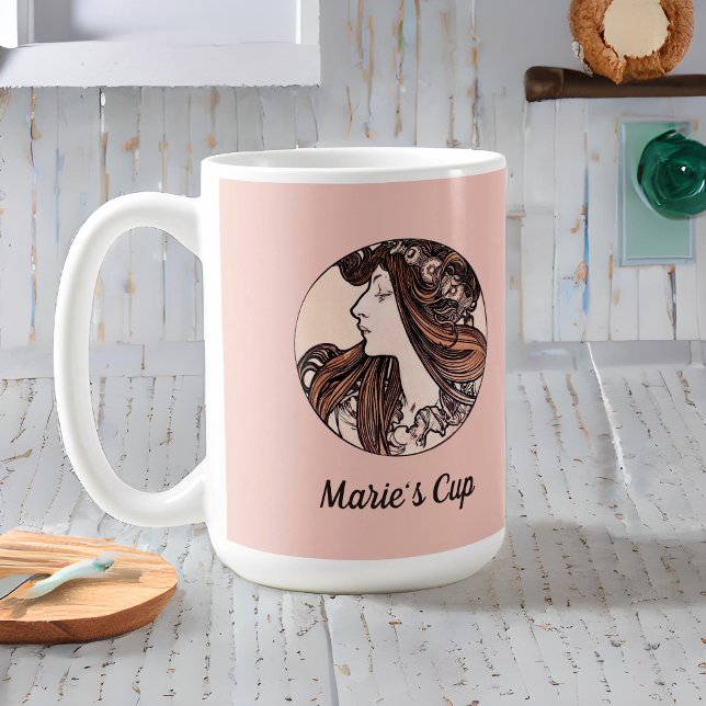 Alphonse Mucha Art Nouveau Woman With Flowers Pink Coffee Mug (Creator Uploaded)