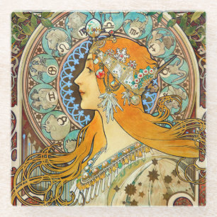 Alphonse Mucha Art Nouveau Zodiac Glass Coaster