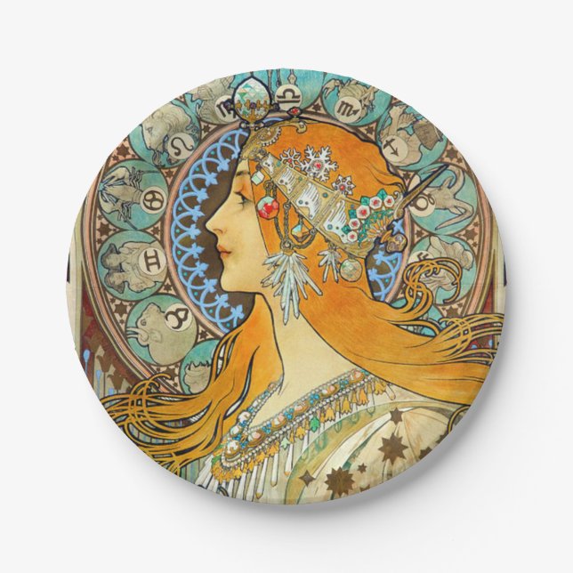 Alphonse Mucha Art Nouveau Zodiac Paper Plate (Front)