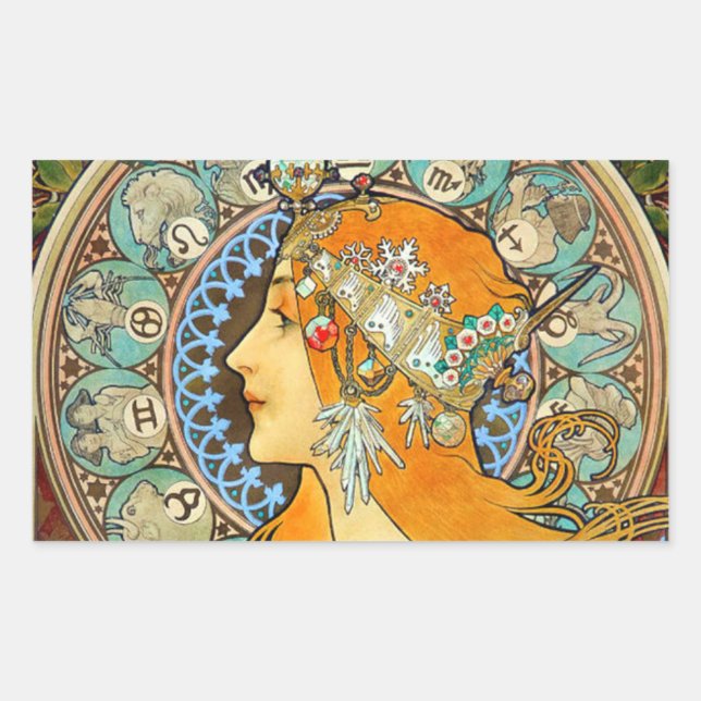 Alphonse Mucha Art Nouveau Zodiac Rectangular Sticker (Front)