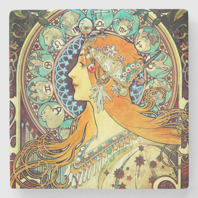 Alphonse Mucha Art Nouveau Zodiac Stone Coaster (Front)