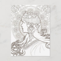 ALphonse Mucha Black and White lined drawing