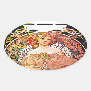 Alphonse Mucha Daydream Floral Vintage Art Nouveau Oval Sticker