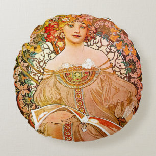 Alphonse Mucha Dreaming (Reverie) Round Cushion