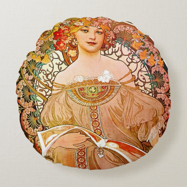 Alphonse Mucha Dreaming (Reverie) Round Cushion (Front)