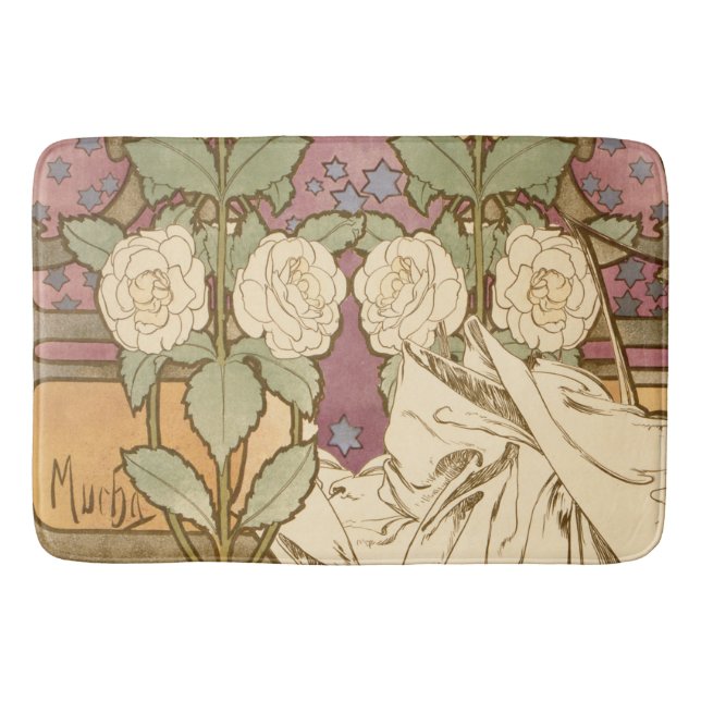 Alphonse Mucha Elegant Art Nouveau Stars Camellia  Bath Mat (Front)