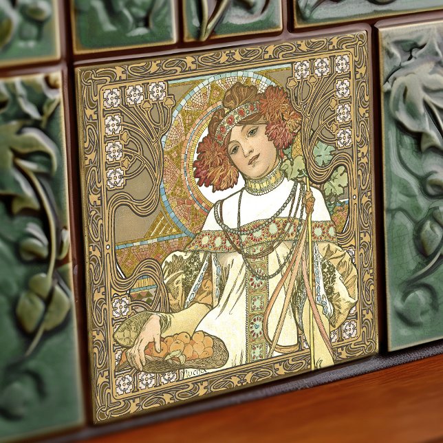 Alphonse Mucha Fall Seasons Art Nouveau Vintage Tile (Creator Uploaded)