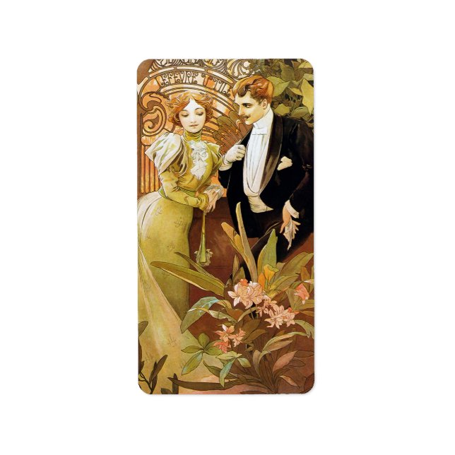 Alphonse Mucha Flirt Vintage Romantic Art Nouveau Label (Front)
