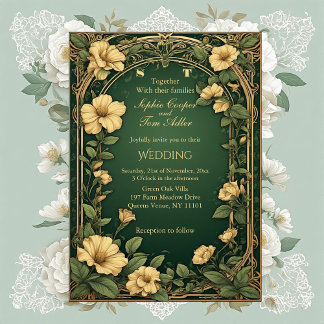 Alphonse Mucha Floral Opulence Gold Frame Wedding Invitation