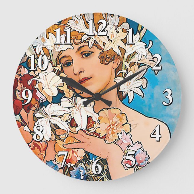 Alphonse Mucha - Flower - Retro Art Nouveau Large Clock (Front)