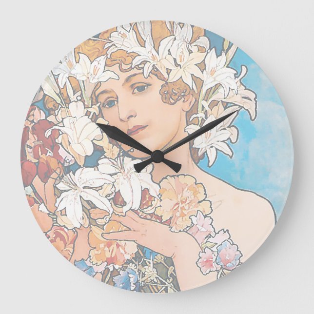 Alphonse Mucha - Flower - Retro Art Nouveau Large Clock (Front)