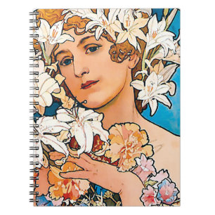 Alphonse Mucha - Flower - Retro Art Nouveau Spiral Notebook