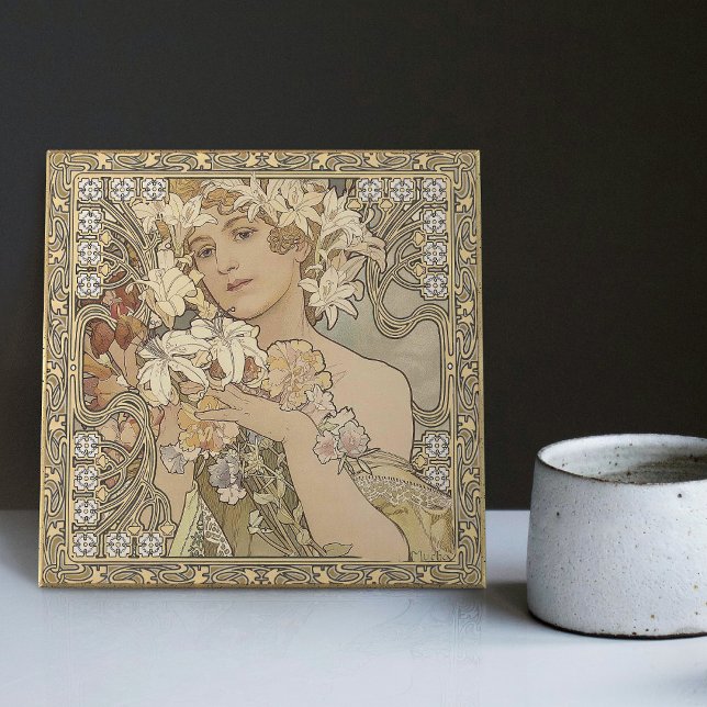 Alphonse Mucha Flowers Art Nouveau Vintage Tile (Creator Uploaded)