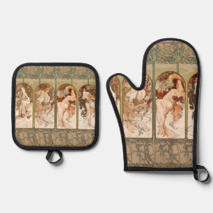 Alphonse Mucha Four Seasons 1897 Art Nouveau Panel Oven Mitt & Pot Holder Set