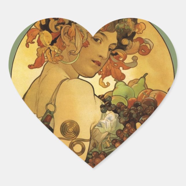 Alphonse Mucha Fruit Painting Heart Sticker (Front)