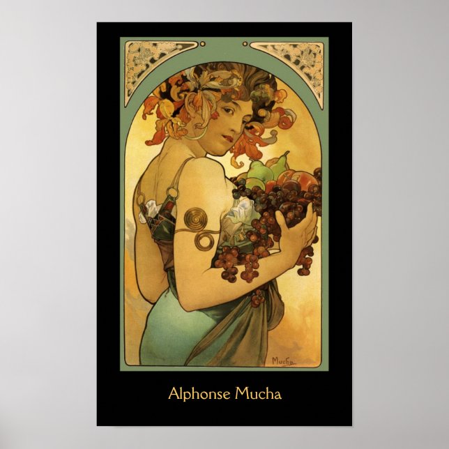 Alphonse Mucha Fruit Painting on black Poster (Front)