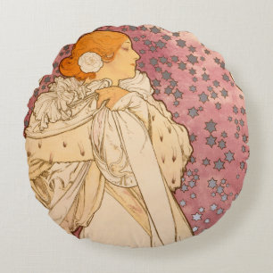 Alphonse Mucha La Dame Aux Camelias: Art Nouveau Round Cushion