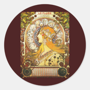 Alphonse Mucha La Plume Classic Round Sticker