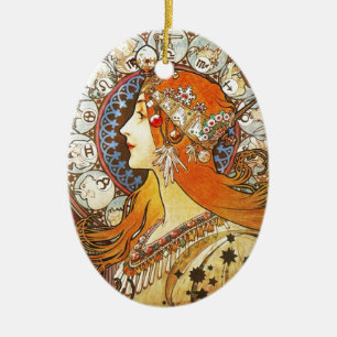 Alphonse Mucha La Plume Zodiac Art Nouveau Vintage Ceramic Tree Decoration