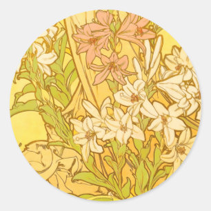 Alphonse Mucha Lily Flowers Pattern: Art Nouveau  Classic Round Sticker