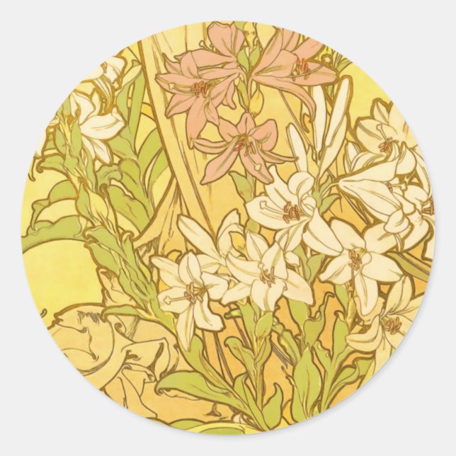 Alphonse Mucha Lily Flowers Pattern: Art Nouveau  Classic Round Sticker (Front)