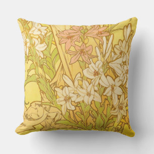 Alphonse Mucha Lily Flowers Pattern: Art Nouveau Cushion