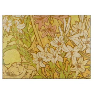 Alphonse Mucha Lily Flowers Pattern: Art Nouveau Cutting Board