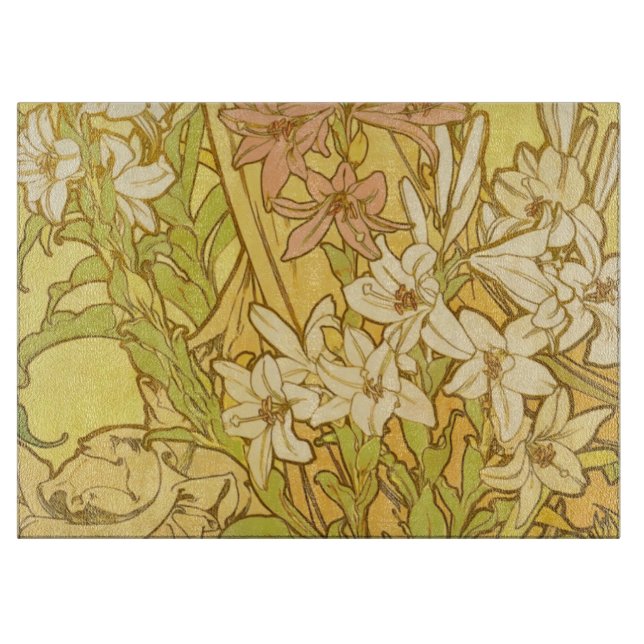 Alphonse Mucha Lily Flowers Pattern: Art Nouveau  Cutting Board (Front)