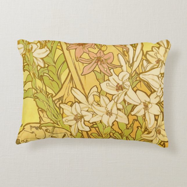 Alphonse Mucha Lily Flowers Pattern: Art Nouveau  Decorative Cushion (Back)