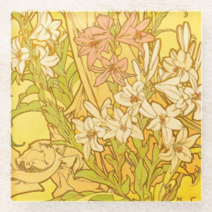 Alphonse Mucha Lily Flowers Pattern: Art Nouveau Glass Coaster