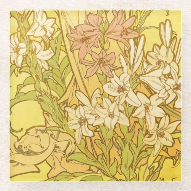 Alphonse Mucha Lily Flowers Pattern: Art Nouveau  Glass Coaster (Front)