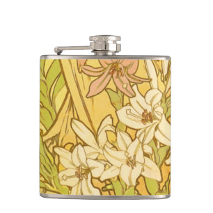 Alphonse Mucha Lily Flowers Pattern: Art Nouveau Hip Flask