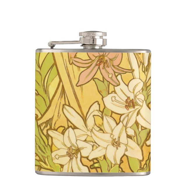Alphonse Mucha Lily Flowers Pattern: Art Nouveau  Hip Flask (Front)