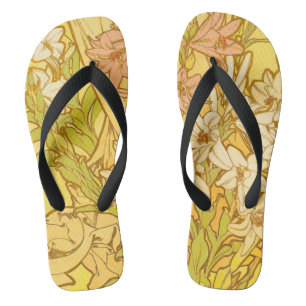 Alphonse Mucha Lily Flowers Pattern: Art Nouveau Jandals