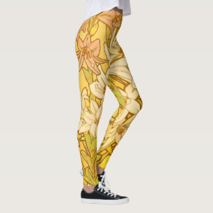 Alphonse Mucha Lily Flowers Pattern: Art Nouveau Leggings