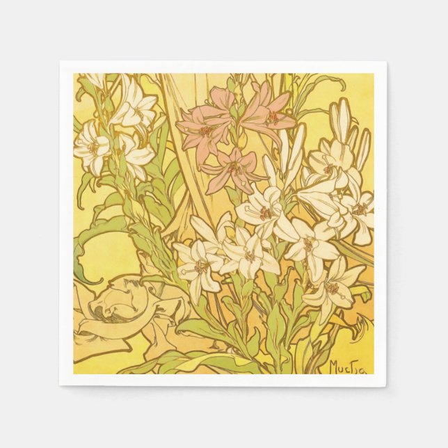 Alphonse Mucha Lily Flowers Pattern: Art Nouveau  Napkin (Front)