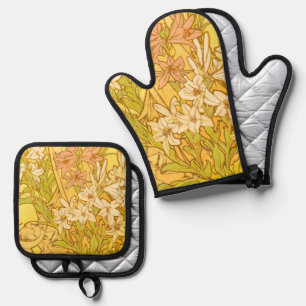 Alphonse Mucha Lily Flowers Pattern: Art Nouveau Oven Mitt & Pot Holder Set