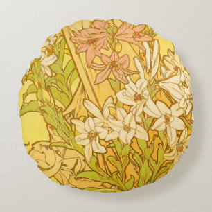 Alphonse Mucha Lily Flowers Pattern: Art Nouveau Round Cushion