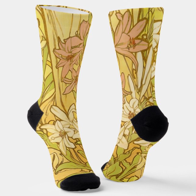Alphonse Mucha Lily Flowers Pattern: Art Nouveau  Socks (Angled)