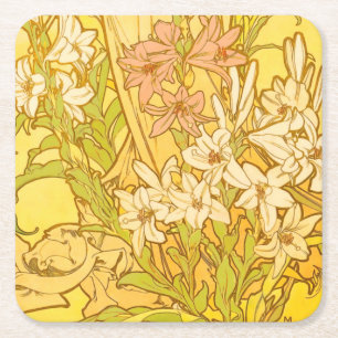 Alphonse Mucha Lily Flowers Pattern: Art Nouveau Square Paper Coaster