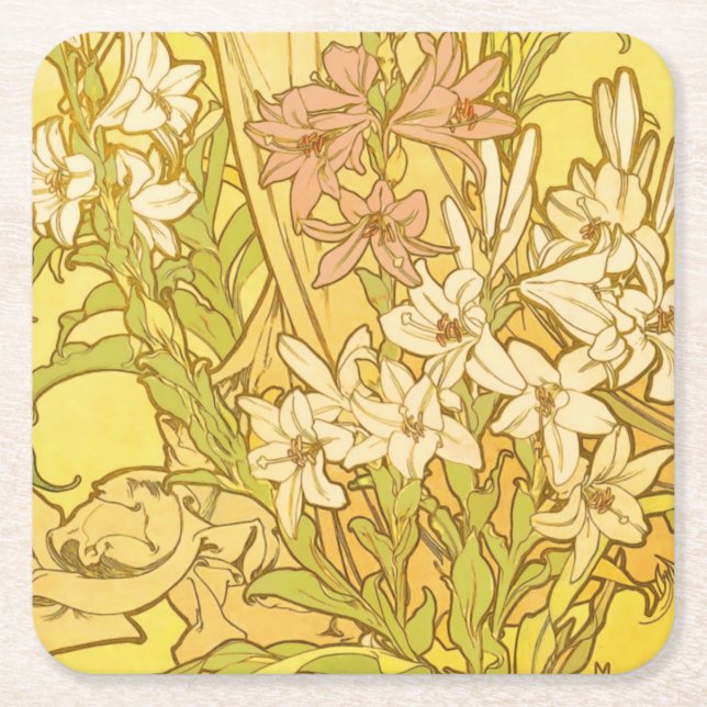 Alphonse Mucha Lily Flowers Pattern: Art Nouveau  Square Paper Coaster (Front)