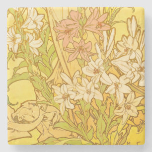 Alphonse Mucha Lily Flowers Pattern: Art Nouveau Stone Coaster