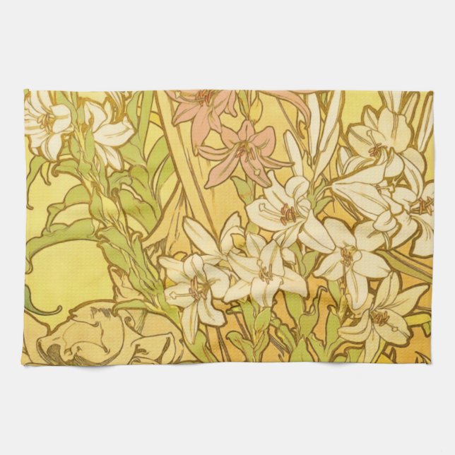 Alphonse Mucha Lily Flowers Pattern: Art Nouveau  Tea Towel (Horizontal)